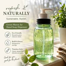 Load image into Gallery viewer, Midget Recycled Green Glass Mason Jar Soap/Lotion Dispenser
